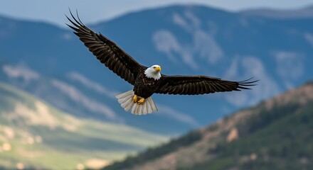 Naklejka premium Majestic Bald Eagle in Full Flight, Soaring Over a Blurred Mountain Vista
