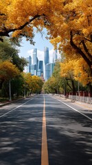 Autumn in the city with golden leaves lining a quiet street and a skyline of modern buildings in the background