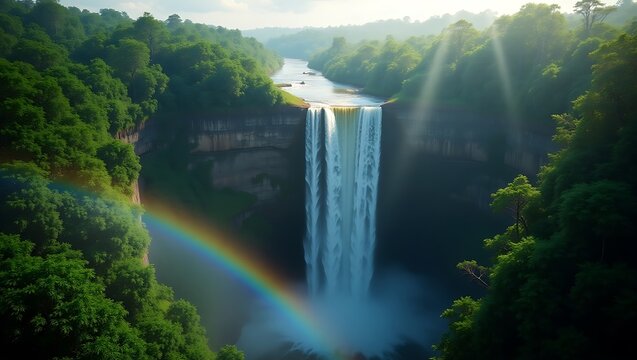 A scenic waterfall cascading down a cliff with a rainbow and lush green vegetation surrounding it