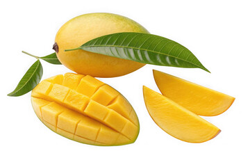 Fototapeta premium Whole and sliced ripe yellow mangoes with green leaves isolated on transparent background