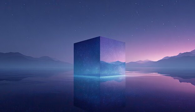 A large cube floats over a calm lake at dusk - Powered by Adobe