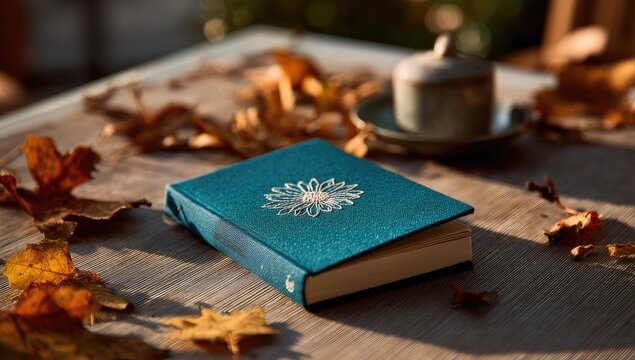 Teal book amidst autumn leaves, teacup