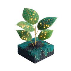 3d illustration of plant growing from a circuit board isolated on transparent background