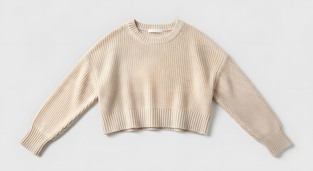 A beige, knitted sweater is laid flat against a white background, showcasing its design and texture.