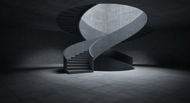 Monolithic Concrete Helix: A Sculptural Staircase Ascending from Shadow