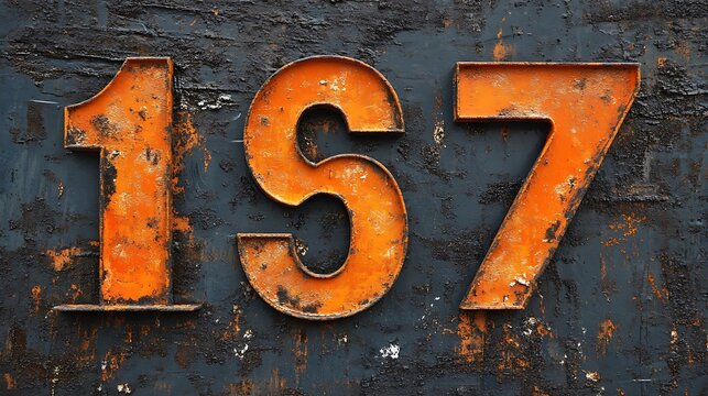 Rusty orange numbers 157 on a dark textured surface.