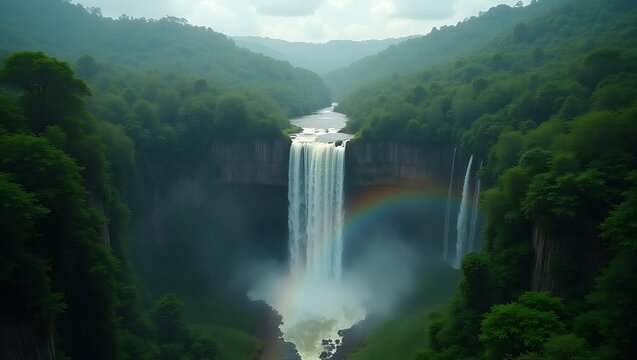 A majestic waterfall cascading down a lush green cliffside with a vibrant rainbow at the bottom