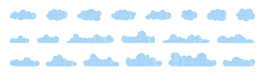 Hand-drawn pastel blue clouds in various shapes and sizes. Soft puffy pencil textured cloud icons.