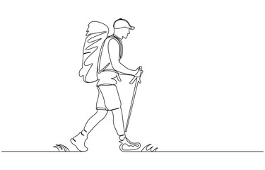 Fototapeta premium Continuous one line art Journey to Everest Base Camp Man Exploring Snowy Himalayan Trail