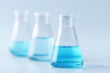 Glass flasks filled with vibrant blue liquid create scientific a