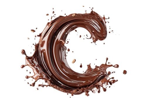 Dark chocolate liquid in a swirling C shape.  Splashes and droplets surround the letter