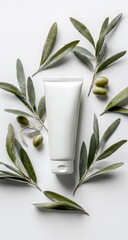 A white tube of lotion or cream sits centrally on a white background, surrounded by olive branches and olives, suggesting a natural or organic product