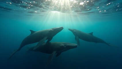 Obraz premium Three humpback whales swim gracefully in the ocean under bright sunlight penetrating the water surface