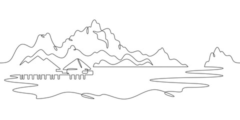 Continuous one line drawing Tropical island. Bungalow. Vacation. One continuous line isolated minimal illustration.Not AI.