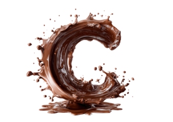 Chocolate liquid forming a large letter C, with splashes and swirls