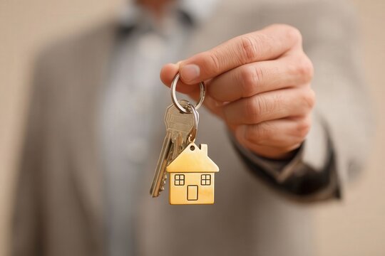 Real estate agent holding a house key with a golden house-shaped tag, focusing on his face and keys, symbolizing homeownership, property, and real estate services. - Powered by Adobe
