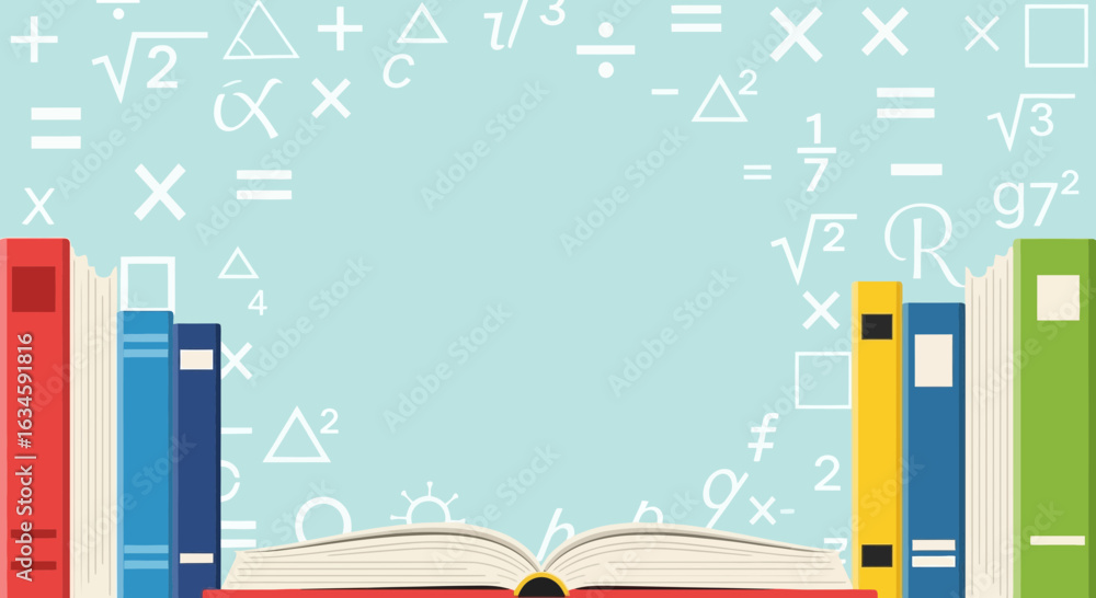 Poster colorful books with mathematical symbols floating above an open book flat design