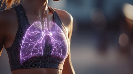 Luminous Purple Lungs: A Futuristic Visualization of Respiratory Health on a Fit Womans Torso.