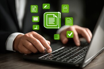 Businessperson using laptop with document icons