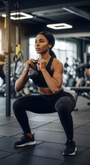 Confident Woman Performing Squats with Kettlebell