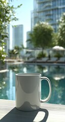 White mug on a patio table, overlooking a pool and city