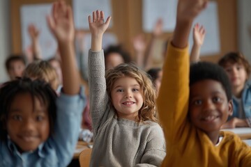 Happy, diverse children raising hands enthusiastically in a classroom, engaging actively in learning and participation.
