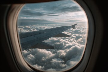 Naklejka premium Airplane window view of clouds and wing (1)