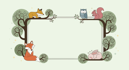 Charming woodland frame featuring adorable animals and decorative trees suitable for invitations
