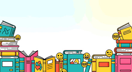 Colorful and whimsical books with emoji expressions educational background design