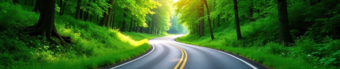 Obraz premium Sweeping asphalt curves amidst lush green summer woods, nature, sun