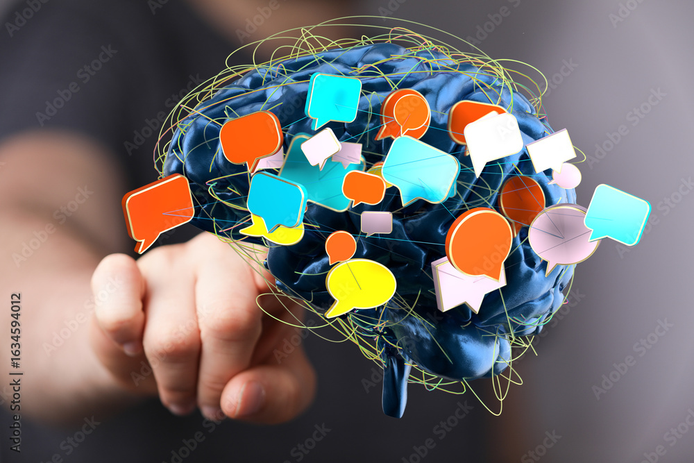 Poster abstract image of a brain with colorful speech bubbles, representing communication, ideas, and netwo