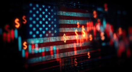 American flag overlayed with financial data, vibrant colors, and a blurred effect