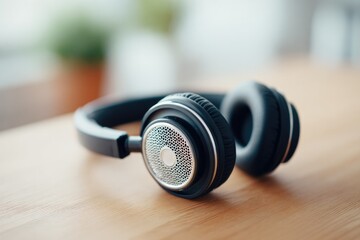 Sleek black headphones resting on wooden surface, showcasing mod