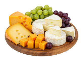 Assorted cheeses and grapes on wooden platter - cheddar, brie, swiss, green and red grapes. Cut out PNG