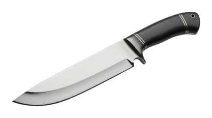 Stainless steel hunting knife with black handle featuring sharp blade and curved point. Cut out PNG