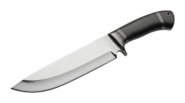 Stainless steel hunting knife with black handle featuring sharp blade and curved point. Cut out PNG
