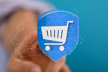 Image of a hand interacting with a digital shopping cart security shield.  Perfect for e-commerce,...