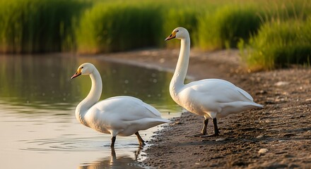 Obraz premium Graceful Swans by Lake Shore at Golden Hour