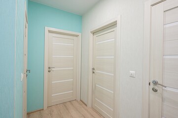 bright hallway with light wood doors, blue and white walls, and wood flooring. Clean, modern design