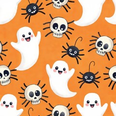 Obraz premium Ghost Kawaii Seamless Patterns Tile Design, Cute Ghosts, Skulls, and Spiders Pattern on Orange Background for Halloween Decor and Crafts