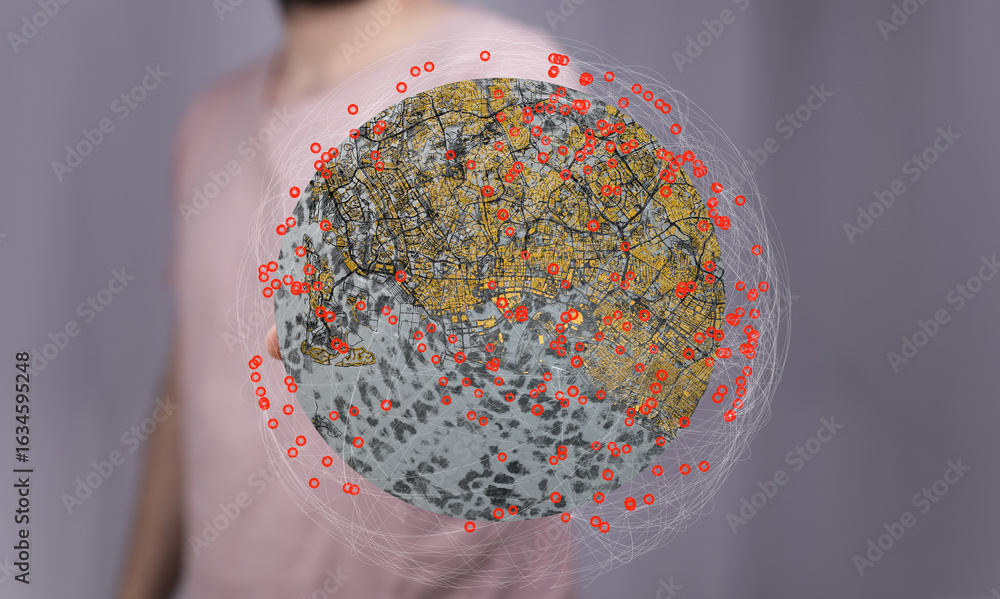 Poster abstract image depicting a global network, data points, and connections. ideal for technology, commu