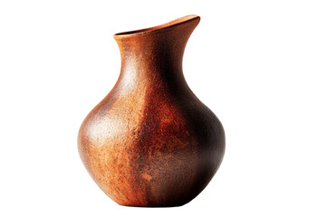 Dark brown ceramic vase with asymmetrical curved spout isolated on transparent background