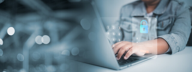 Cybersecurity, data protection, and secure access in corporate tech workspace. Person using laptop with digital overlay of padlock icon and password keypad.