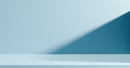 Obraz premium Clean serene blue product display background with diagonal shadow, ideal for showcasing cosmetics, wellness items, or modern product photography in a calming, minimalist scene.