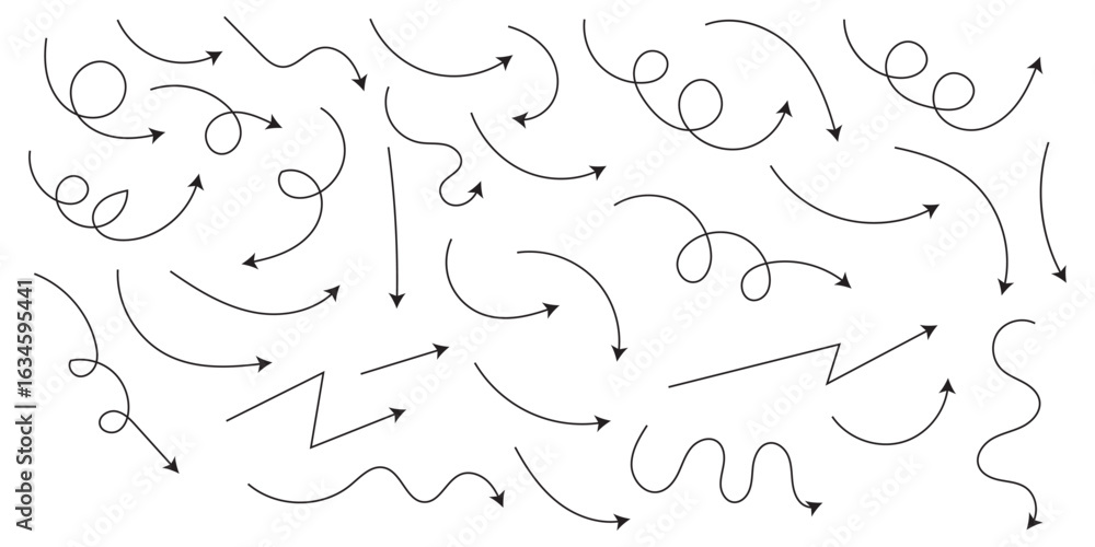 Poster hand drawn arrows icon set. sketch curved arrows design. arrow handmade. doodle arrows of varios sha