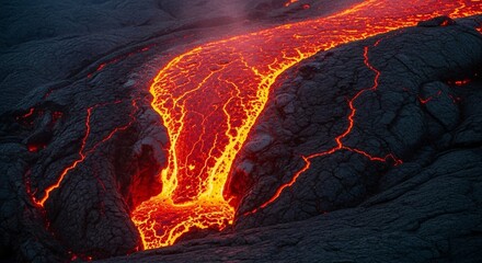 Molten volcanic lava flowing down a dark textured rock, closeup of magma and hot magma stream for earth science concepts