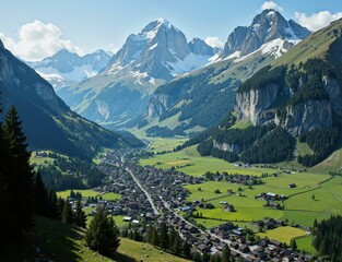 A picturesque mountain village nestled in a green valley, surrounded by towering snowcapped peaks and dotted with quaint houses, creating a serene and idyllic landscape