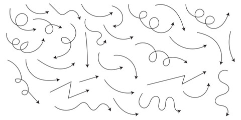 Hand drawn arrows icon set. Sketch curved arrows design. Arrow handmade. Doodle arrows of varios shapes and directions. Pointer and cursor icons.