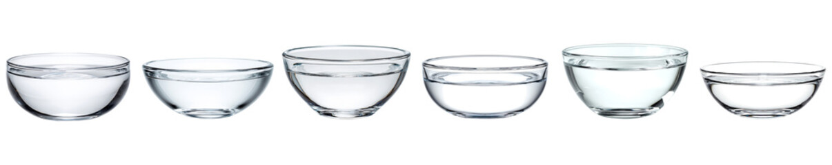 Row of clear glass bowls with water isolated on transparent background