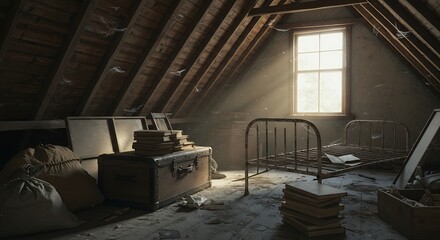 Sunlit Attic of Forgotten Memories, Veiled in Dust and Cobwebs